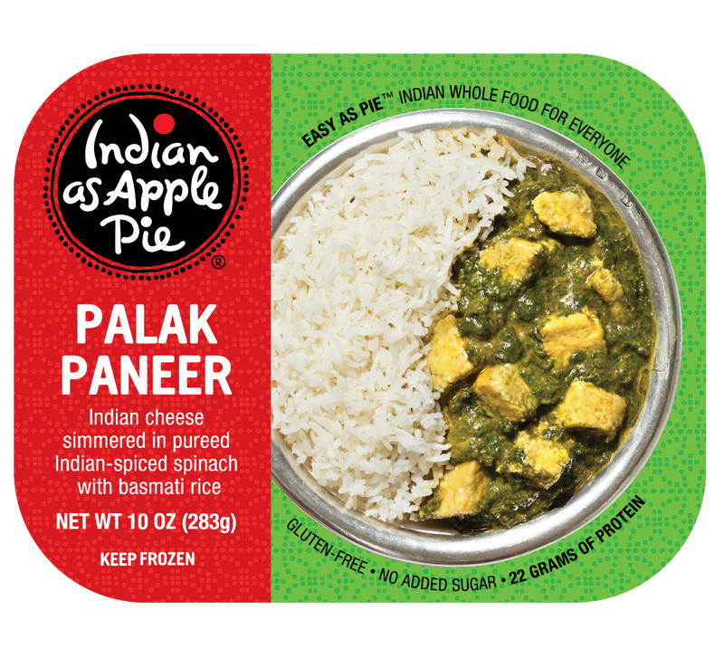 Indian as Apple Pie Palak Paneer packaging with food image and text.